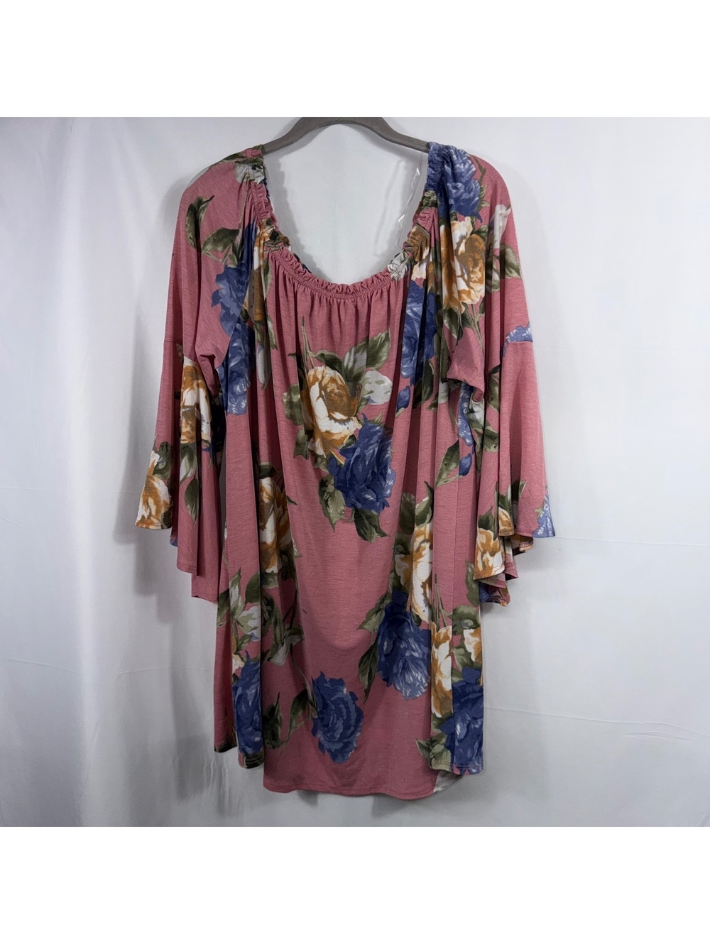 Emerald Plus Size Floral Bell Sleeve Peasant Top Pink Blue 3X
